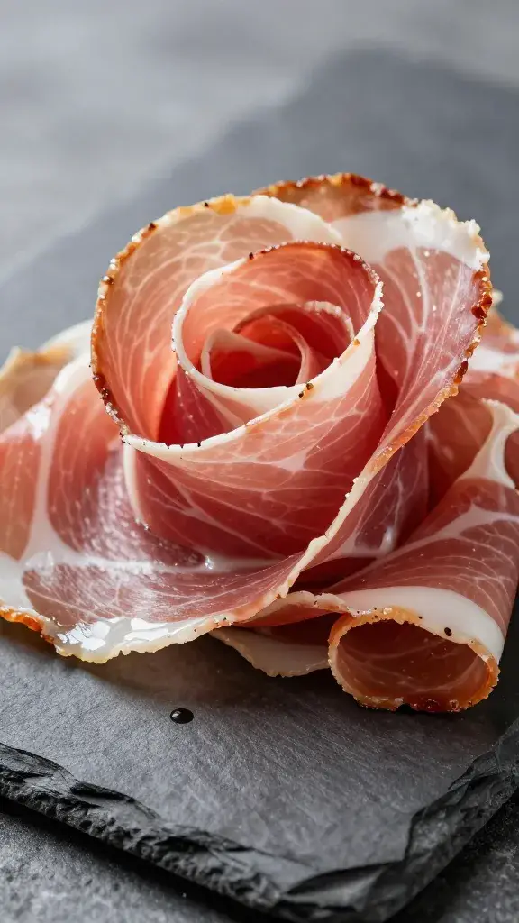 closeup of prosciutto rose on slate board