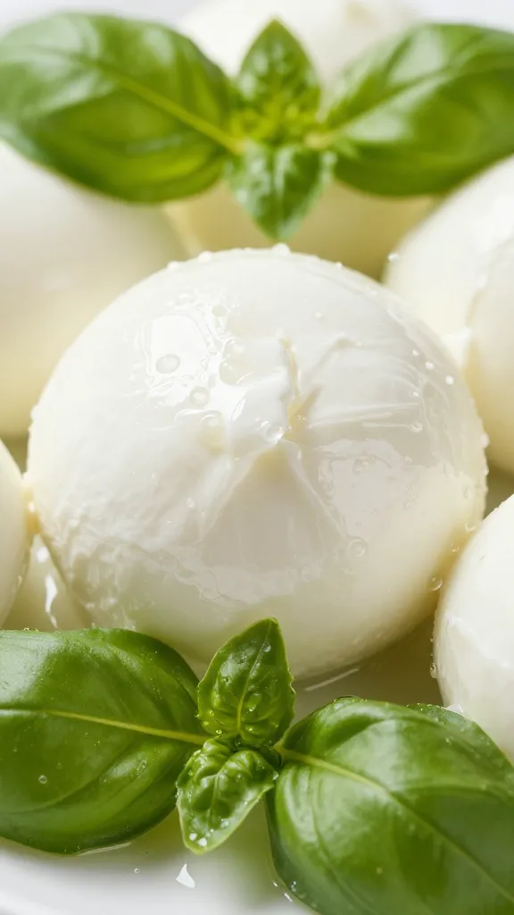 macro shot of marinated mozzarella ball with basil