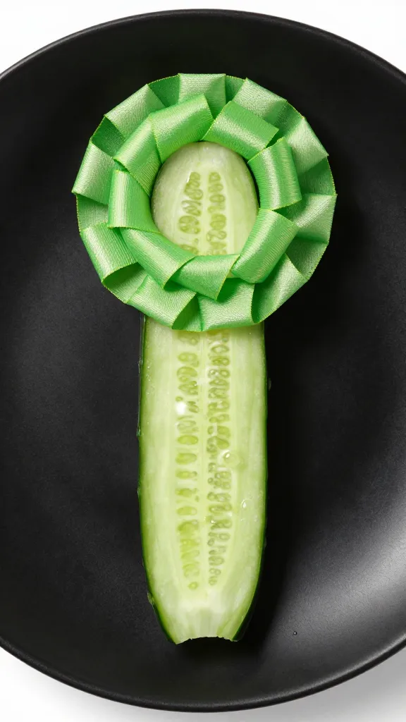 single cucumber ribbon rosette on black plate