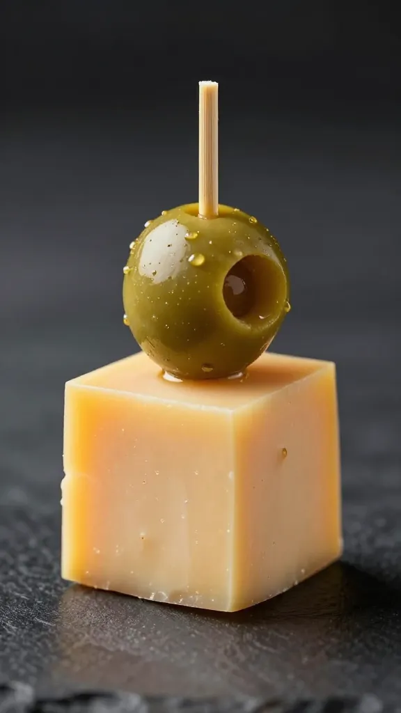 single cheddar cube skewered with olive