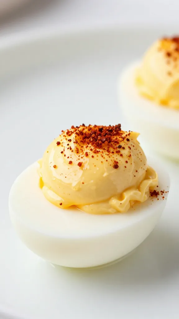 single deviled egg topped with smoked paprika
