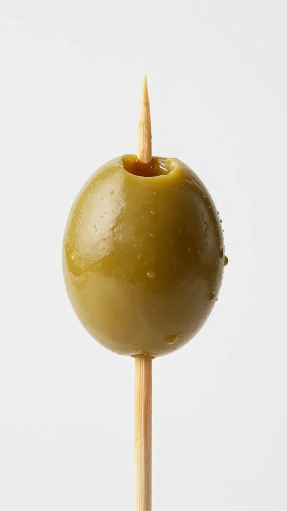 single almond-stuffed green olive on toothpick