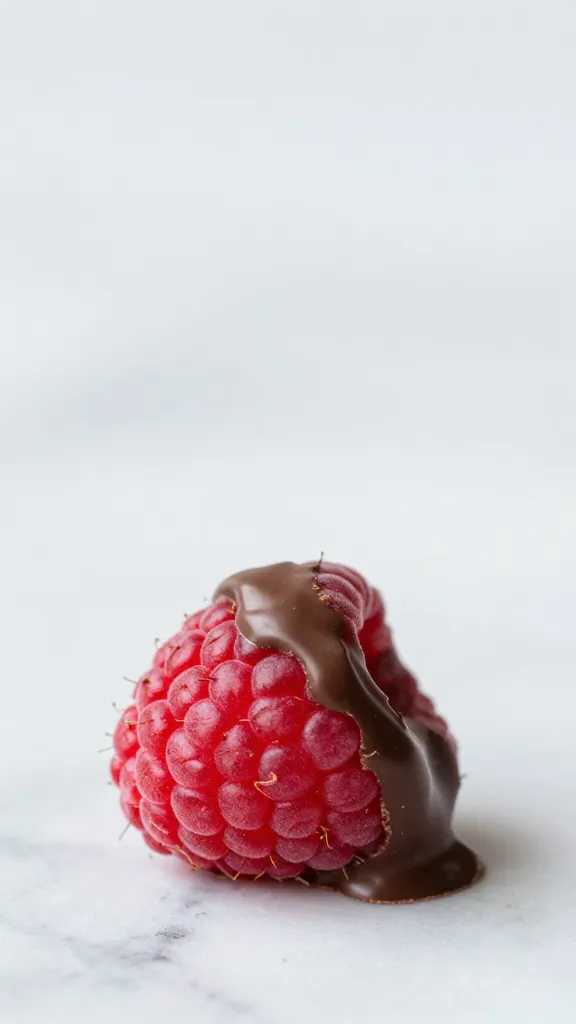 raspberry dipped in dark chocolate on marble