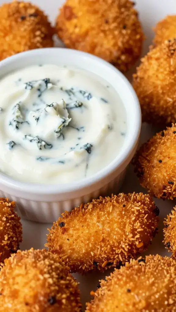 Buffalo chicken drumette with blue cheese dip, closeup