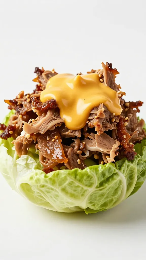 Smoky pulled pork lettuce cup with chipotle crema, macro