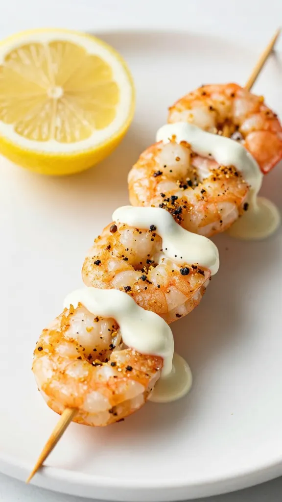 Garlic-parmesan shrimp skewer with lemon aioli drizzle, macro