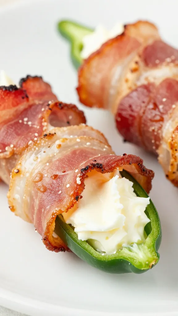 Bacon-wrapped jalapeño popper with cream cheese filling, closeup