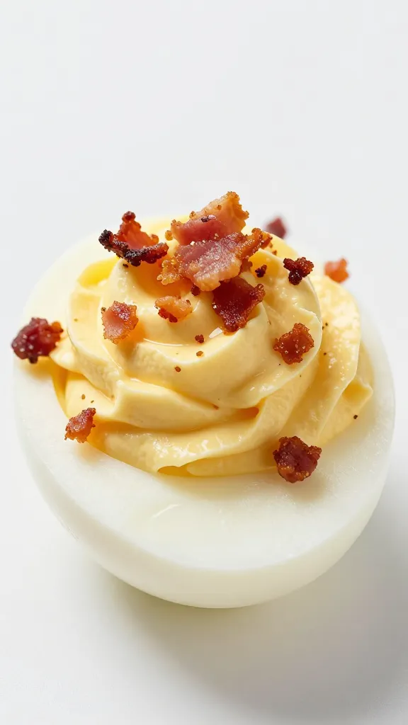 Deviled egg half with crispy bacon crumbles, macro