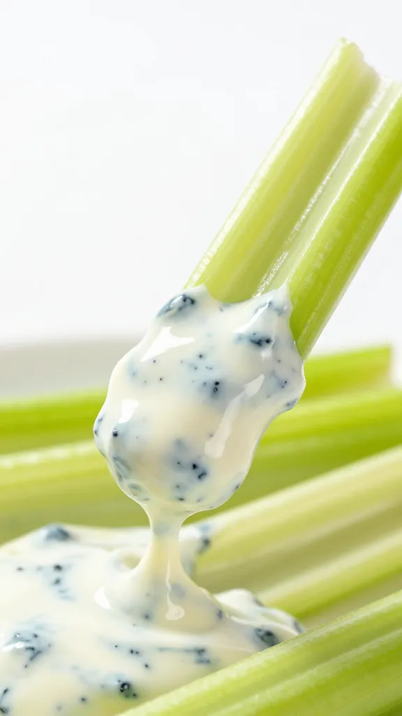 Celery stick dipped in blue cheese dressing, closeup