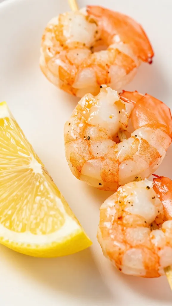 Lemon wedge beside garlic-parm shrimp skewer, closeup
