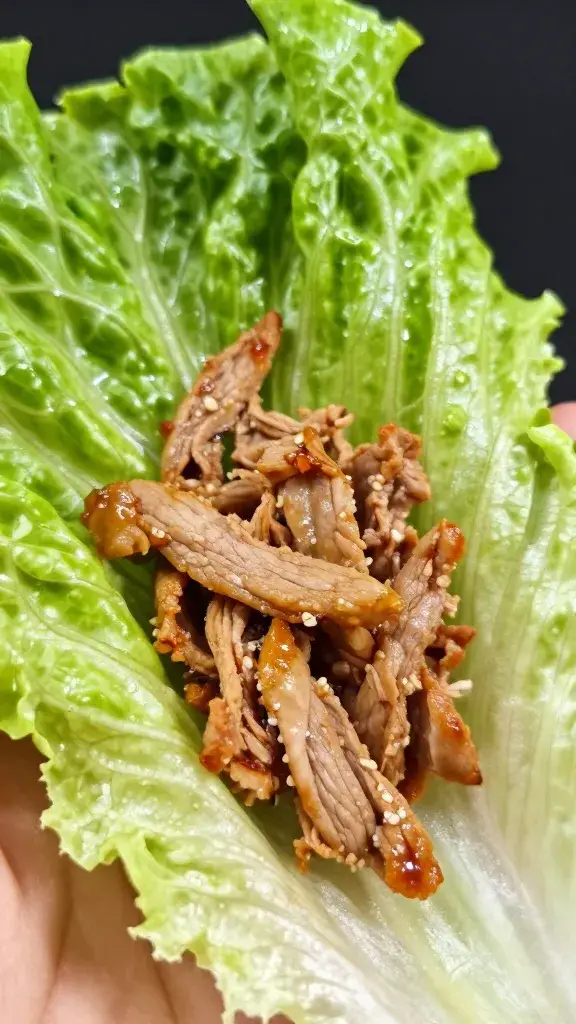 Individual lettuce leaf cradling shredded pork, macro shot