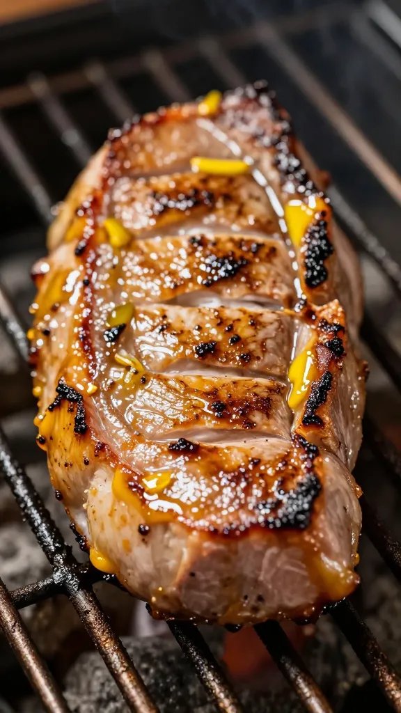 closeup of mustard-rubbed pork tenderloin on grill grates