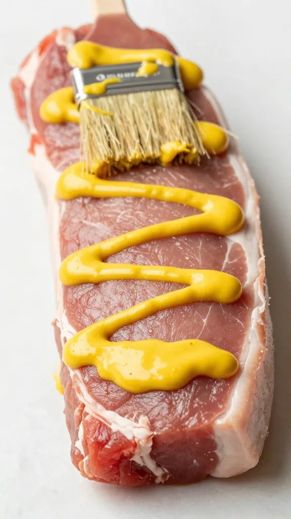 brushed yellow mustard coating on raw pork tenderloin