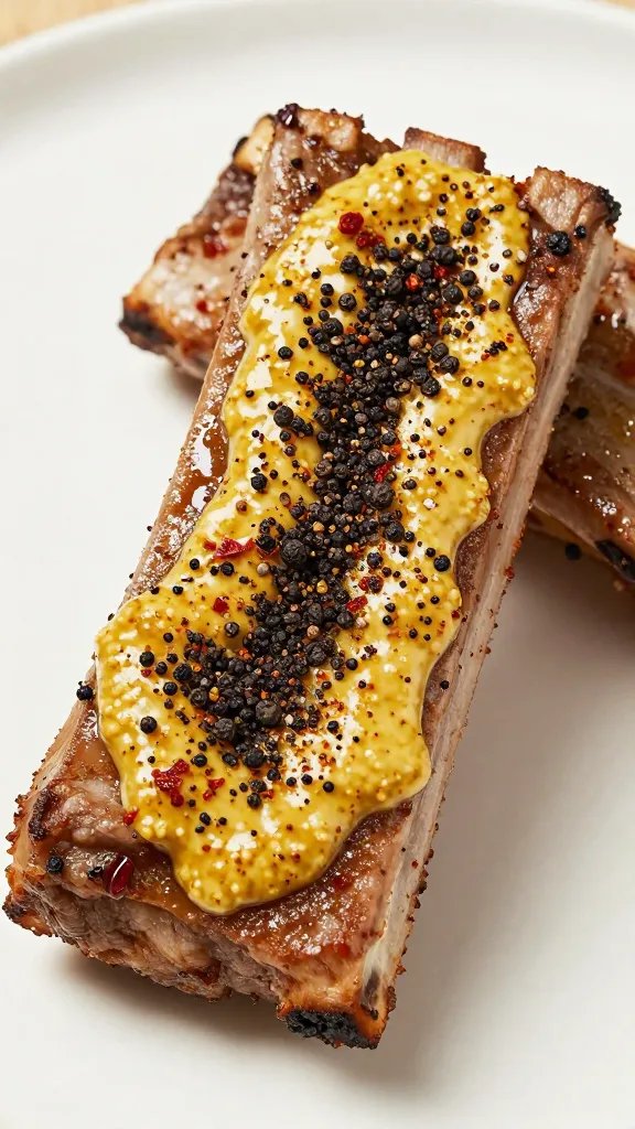 coarse black pepper and paprika on mustard-bound rib