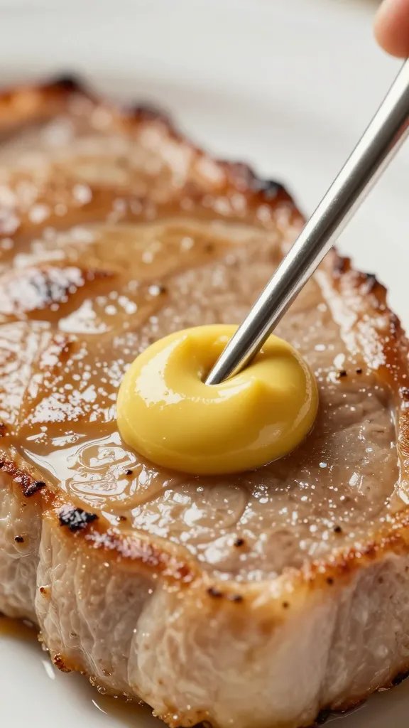 thermometer probe in mustard-rubbed tenderloin surface