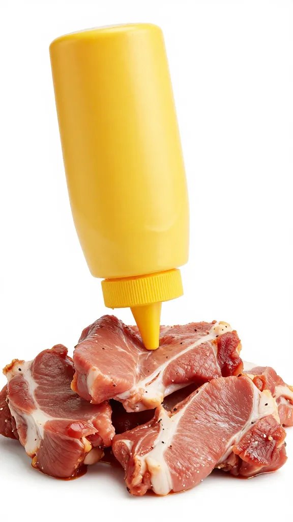 mustard squeeze bottle tip over spice-dusted pork