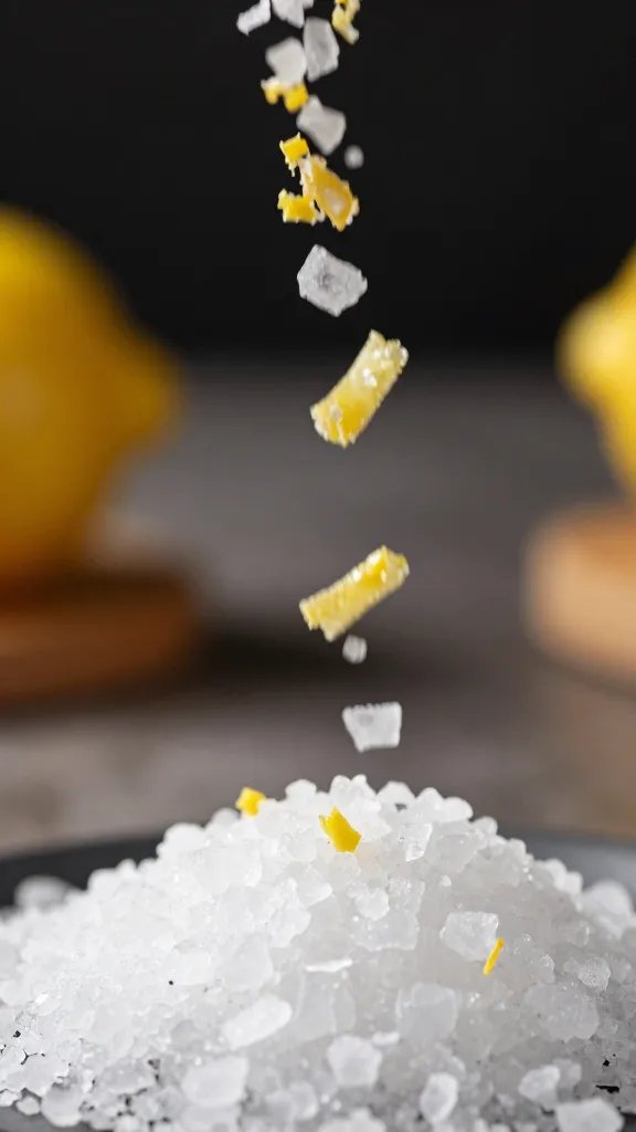 closeup of lemon zest falling into flaky sea salt