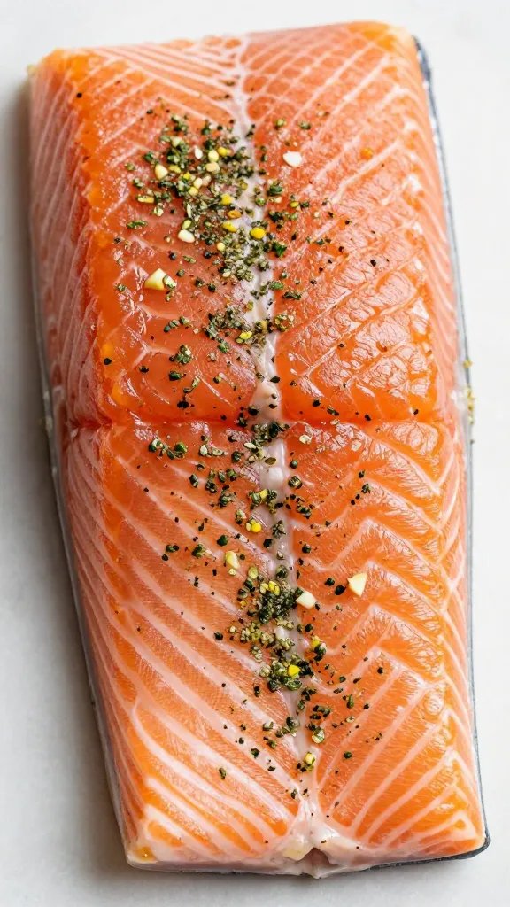 raw salmon fillet rubbed with herb-lemon mix, macro