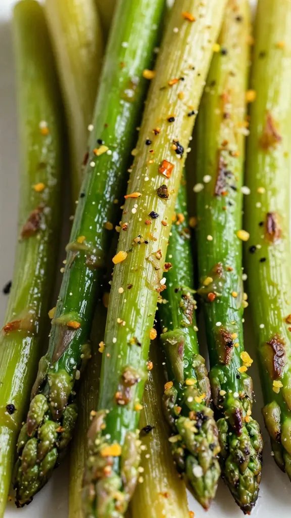 grilled asparagus spears dusted with lemon-herb rub, closeup
