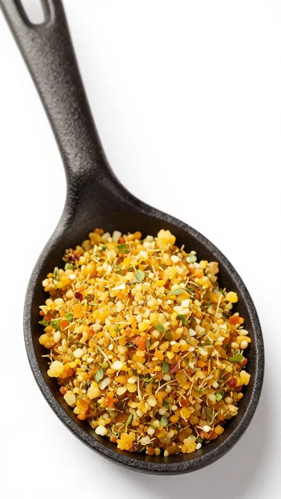 cast-iron spoon heaped with citrus herb rub, studio light