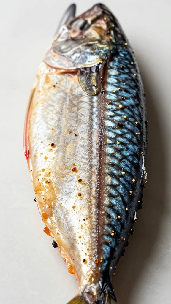 mackerel steak with visible rub crust, tight shot
