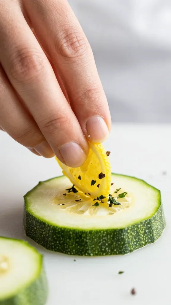 chef hand rubbing lemon-herb mix on zucchini slice, macro