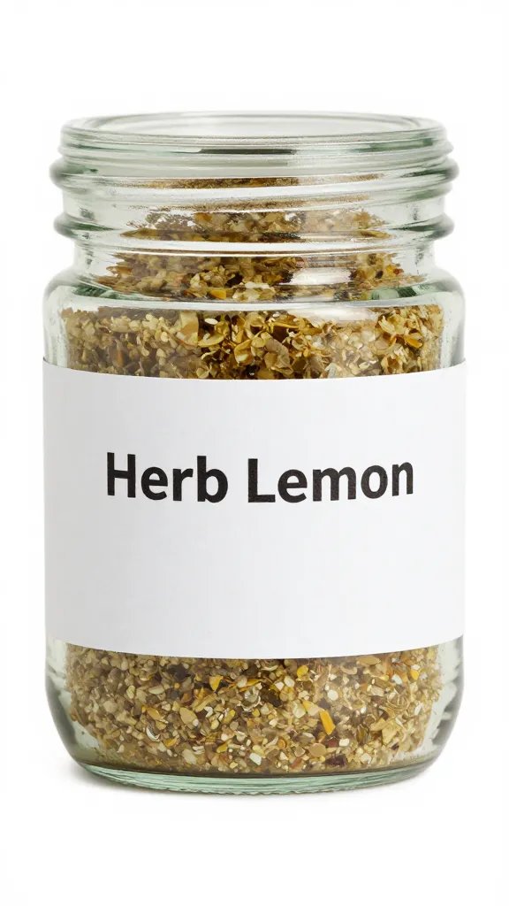 airtight glass jar labeled herb lemon rub, product shot