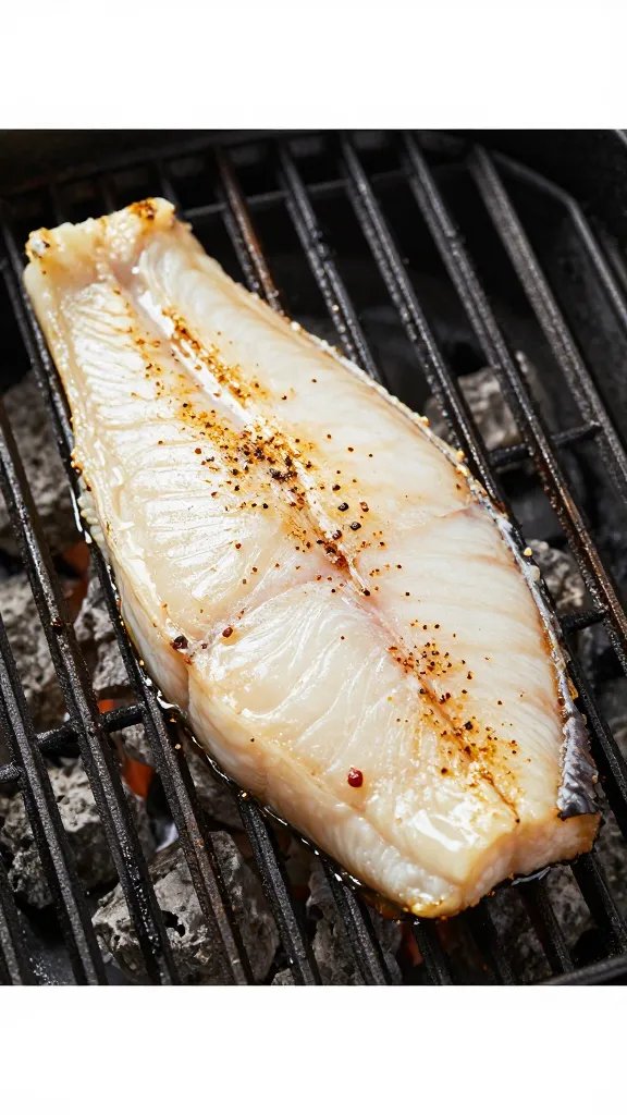 halibut fillet on grill grates with rub, shallow depth