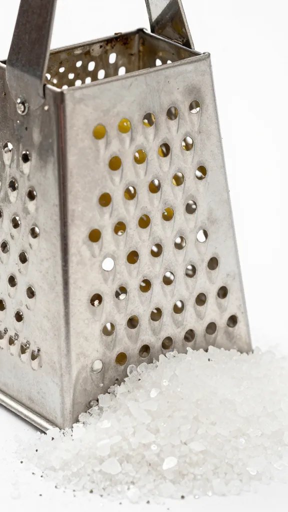 lemon microplane grater over salt pile, tight detail
