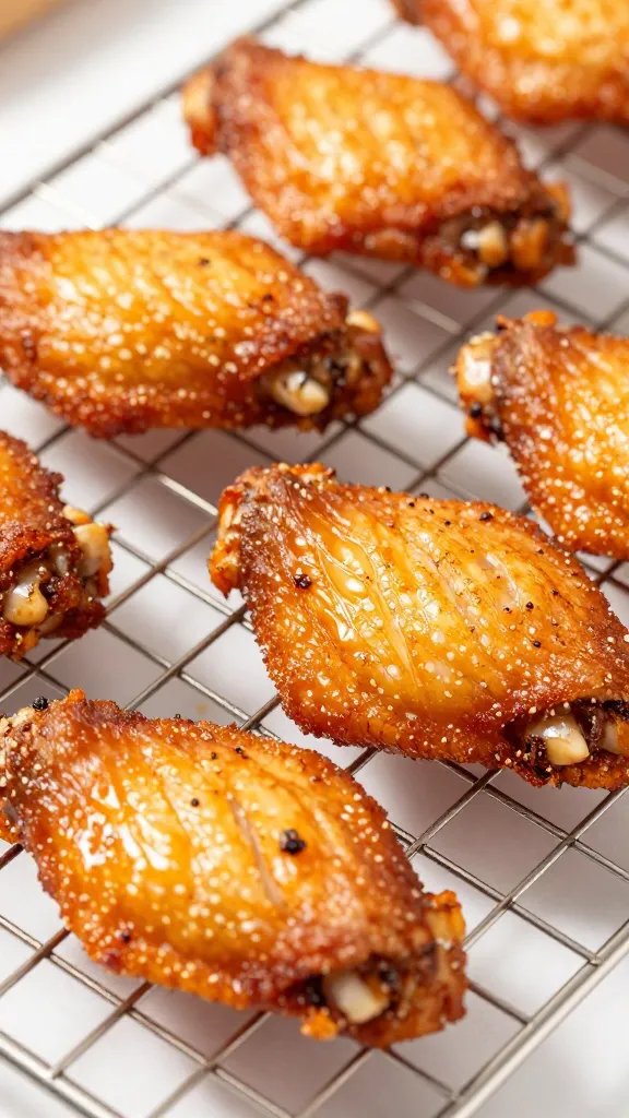 closeup of crispy dry-rubbed chicken wing on wire rack