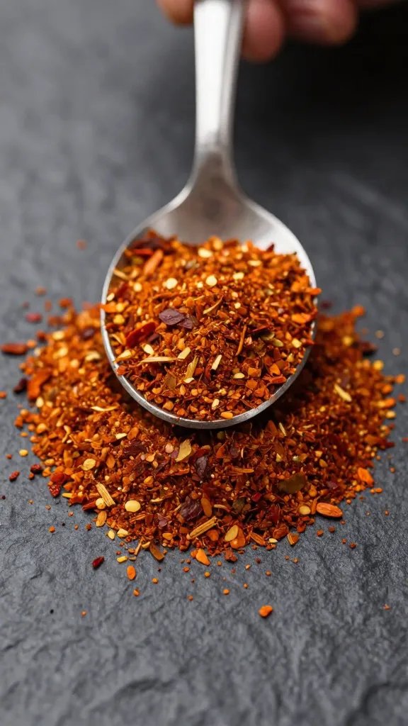 spoonful of spicy dry rub spilling onto dark surface