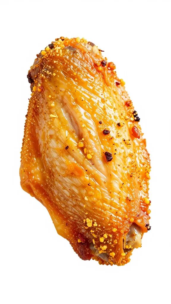 single baked wing with visible rub crust, macro shot