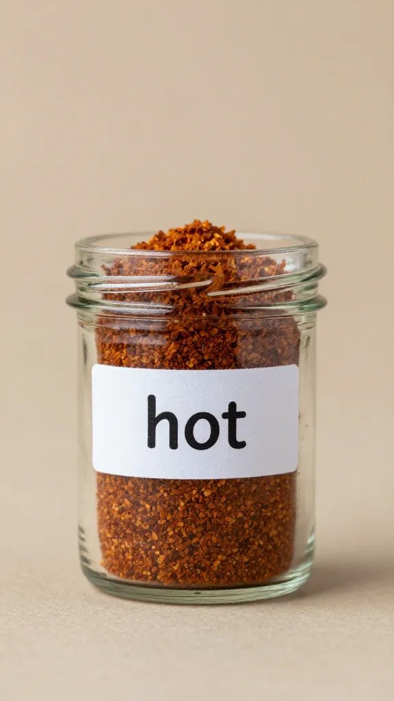 small glass jar of dry rub with labeled “hot”