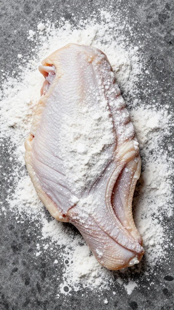 single raw wing dusted with rub and baking powder
