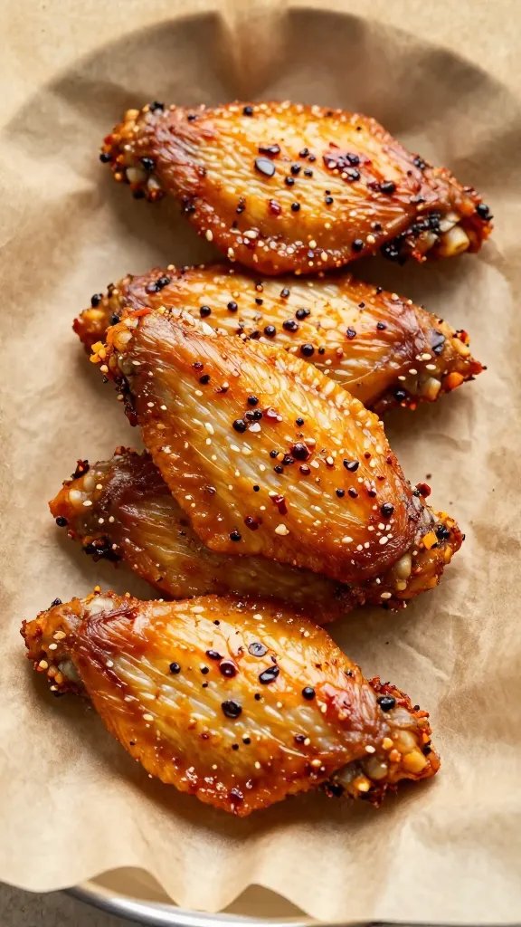 cooked wing on parchment, flecks of chili and pepper