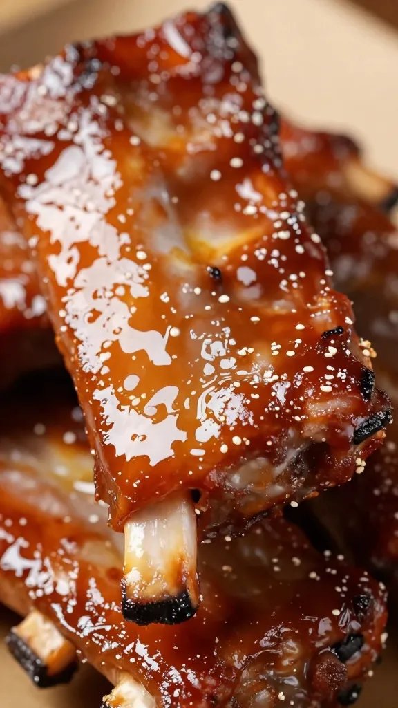 closeup of baby back ribs with glossy brown sugar bark