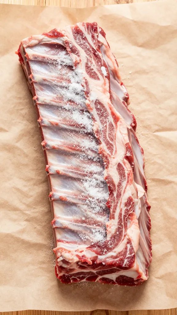 single raw rib rack lightly salted on butcher paper