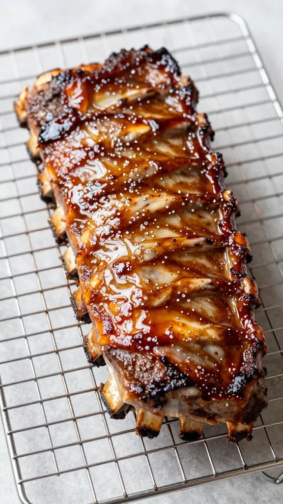 oven-baked rib segment on wire rack, tacky glaze