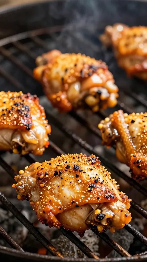 sizzling chicken thigh skin crust on grill grates