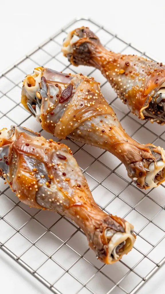 browned drumstick resting on wire rack, tight crop
