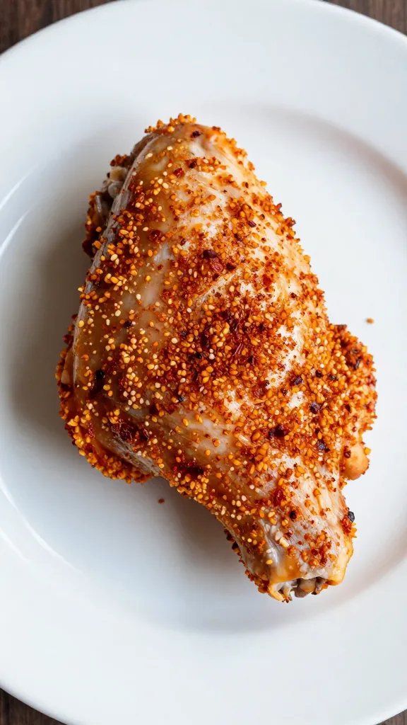 finished chicken thigh with paprika crust on white plate