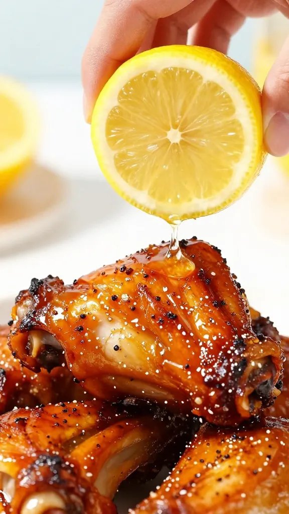 lemon wedge squeezing over glazed drumstick, closeup