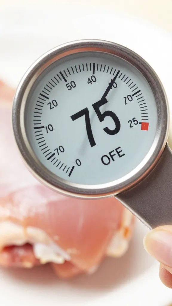 meat thermometer reading 175°F in chicken thigh, macro