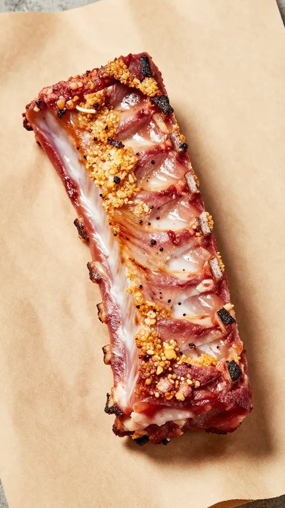 single pork rib with crusty bark on butcher paper