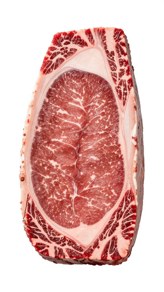 single beef brisket slice showing smoke ring and bark