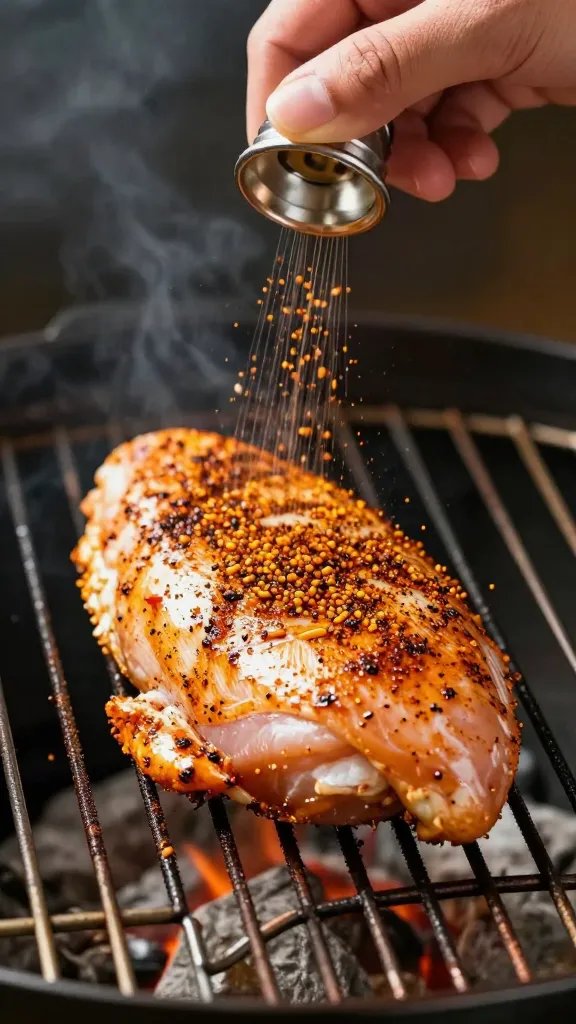 hand sprinkling bbq rub onto one raw chicken breast