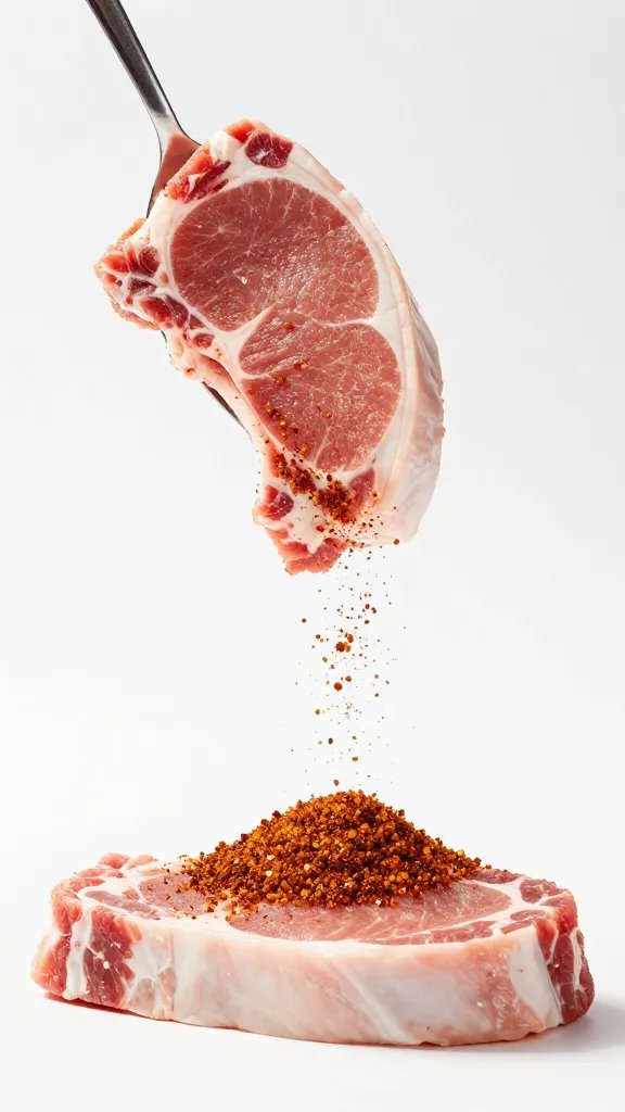 spoonful of bbq rub hovering over raw pork chop