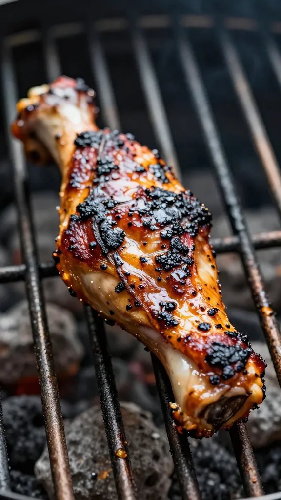 closeup of bbq-rubbed drumstick on grill grates