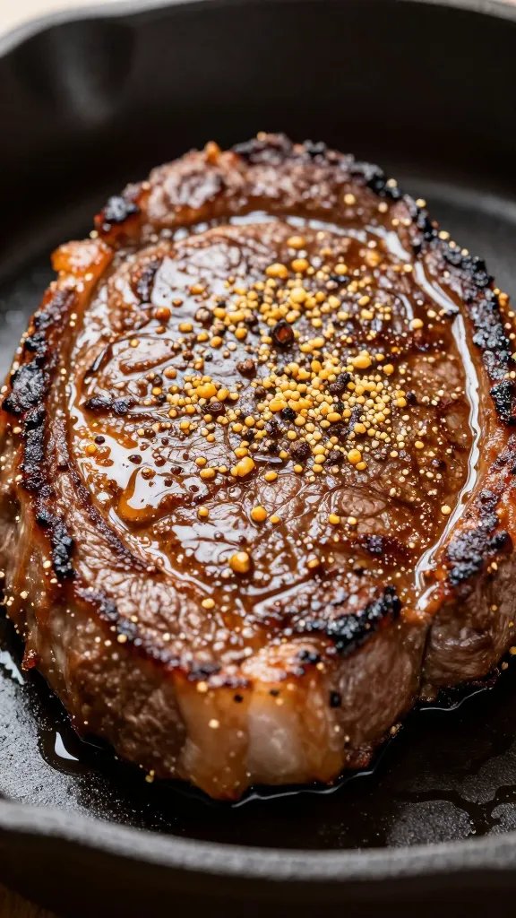 closeup of cast-iron seared steak with rub crust