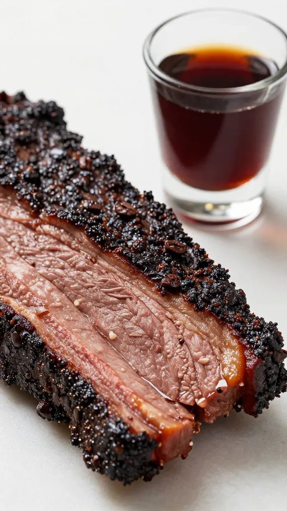 brisket slice with dark coffee-ancho bark, macro shot